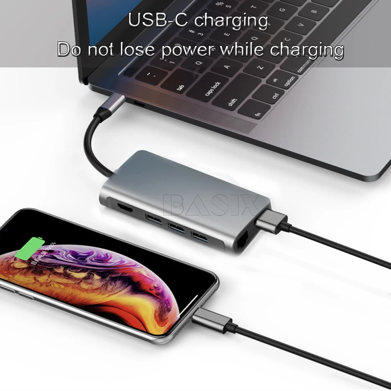 Basix USB 3,1 концентратор C концентратор HDMI/USB 3,0/RJ45/SD/TF/PD адаптер для Macbook Pro huawei P20 samsung S8 S9 type-c концентратор