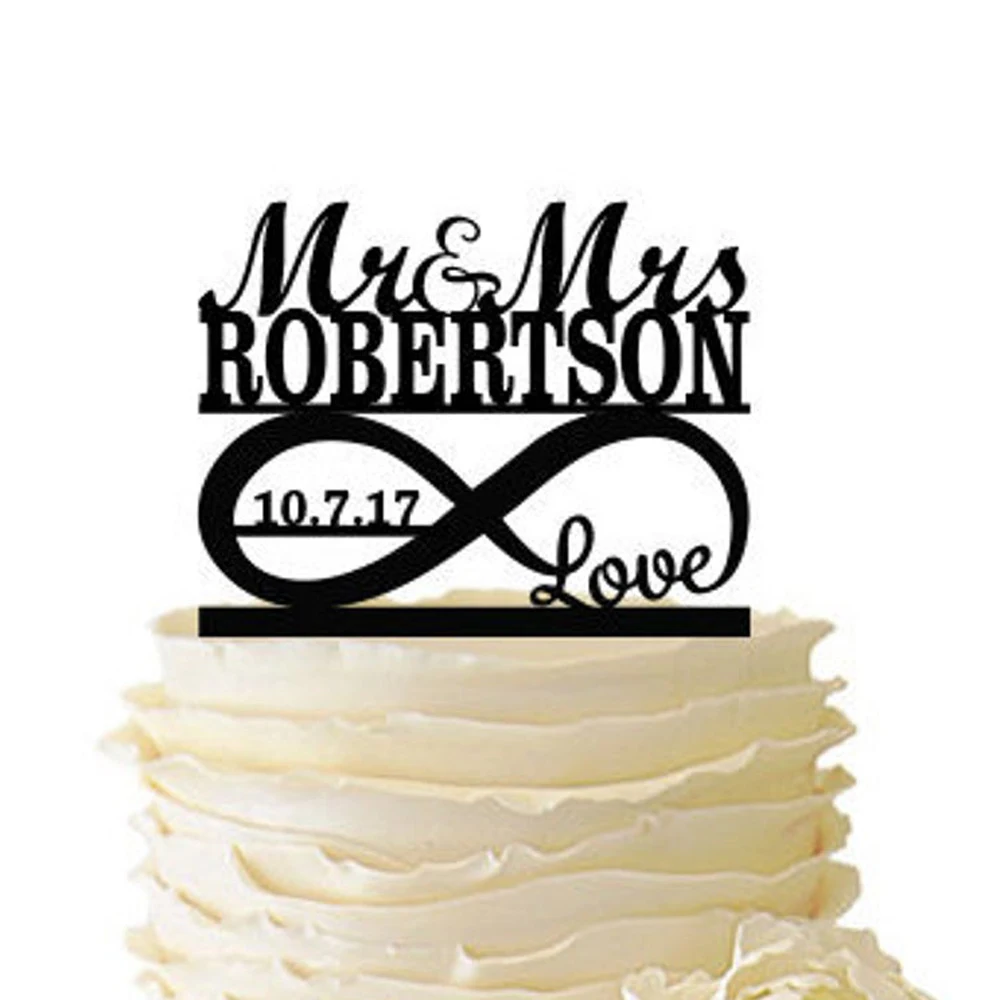 Custom Infinity Symbol With Love Mr & Mrs Personalized With Name & Date Acrylic or Baltic Birch WeddingSpecial Event Cake Topper