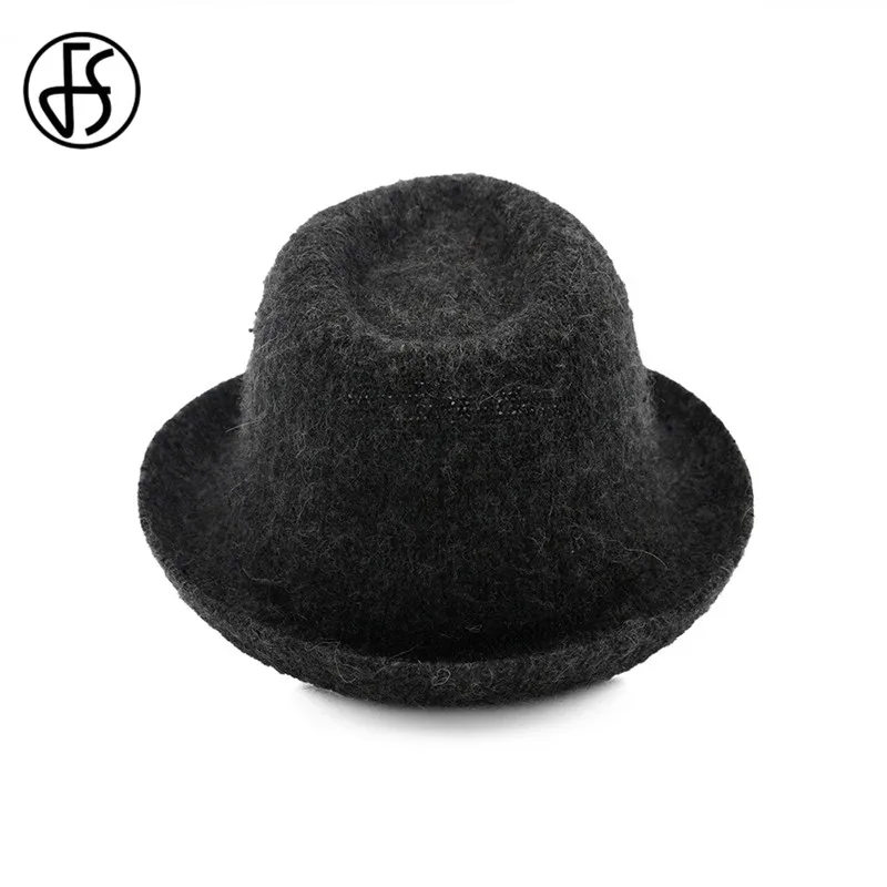 FS шерстяная женская мужская фетровая шляпа для зимы осени Элегантная Дамская Гангстерская фетровая джазовая шляпа свернутая вязанная верхняя шляпы-котелки