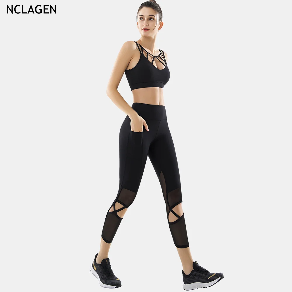 

NCLAGEN Women Sports Mesh Sexy High Waist Pants Yoga Suit Two-piece Set Gym Sport Workout Training Running Tank Fitness Suit