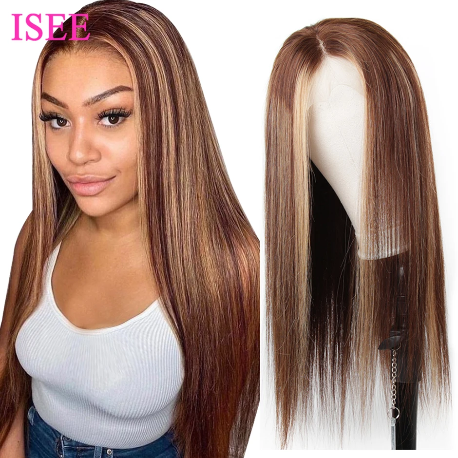 Human hair Highlight Straight Lace Wig Hair Wigs For Women 4X4 Closure 4/27 Ombre Peruvian | Шиньоны и парики