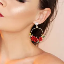 Cristal rojo flor pendientes colgantes de hoja para la joyería de las mujeres de Metal Vintage pendientes de perlas de la boda diamantes de imitación pendientes grandes statement