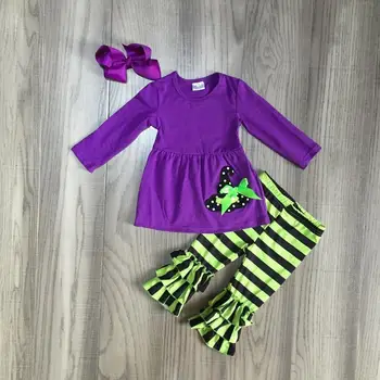 

children girls HALLOWEEN clothing girls purple dress with witch hat green stripe pant girls cute outfit with bow