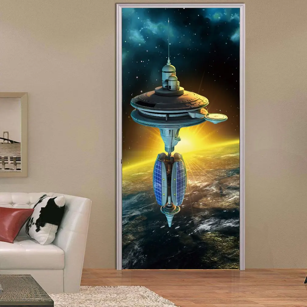 

3D Modern Wall Stickers Mural Bedroom Space station Waterproof Door Sticker