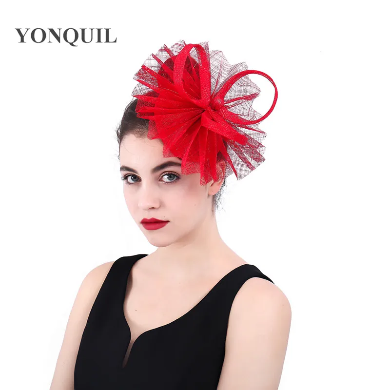 Sinamay red charming headwear fashion wedding lady fascinator headband hoops headpiece nice church occasion fedora hair clips