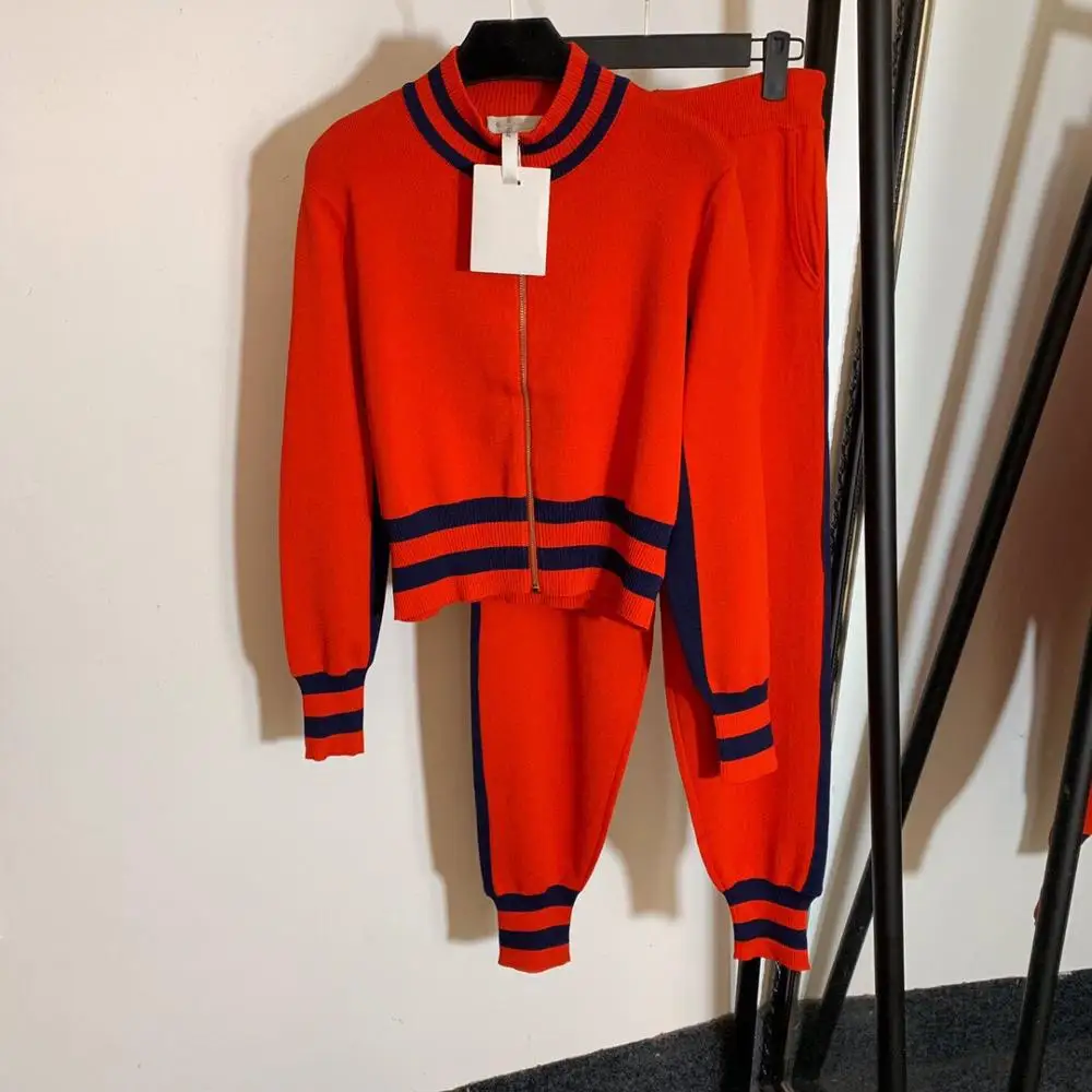 2020 New Spring Casual Clothes Women Fashion Red Navy Blue Pants Set Striped Bomber Elastic Sports Suits |