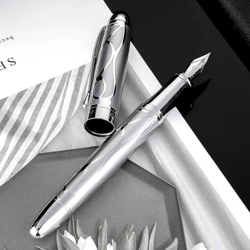 1Pc Hongdian 5010 Silver Metal Fountain Pen EF/F Iridium Nib Exquisite relief pattern Exquisite gift ink pen for business office hongdian 1843 fountain pen metal wave pattern voyager series beautiful ripples iridium ef f nibs school office supplies ink pens