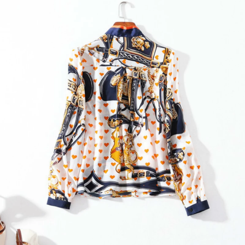 

Womens Tops and Blouses Real Silk Shirts Print Lace Blouse Long Sleeve Fashion Clothing Casual Blusas LWL1586