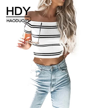 

HDY Haoduoyi Brand Women White Stripe Sweater Slash Neck Short Sleeve Off Shoulder Female Knit Pullover Lady Slim Sexy Crop Top
