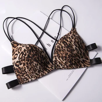 

Underwear female fashion sexy leopard bra front buckle sexy beauty back deep V gathered bra underwear cross flower bra