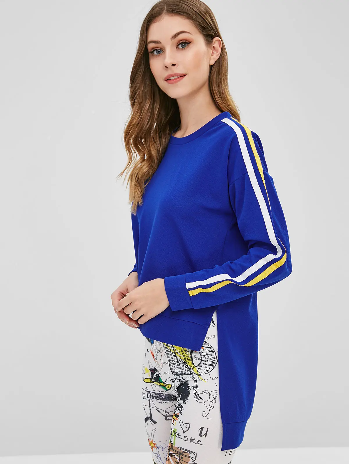 

ZAFUL Striped Patch Slit High Low Sweatshirt Round Collar Drop Shoulder Women'S Hoodies Elastic Design Pullover Standard Size