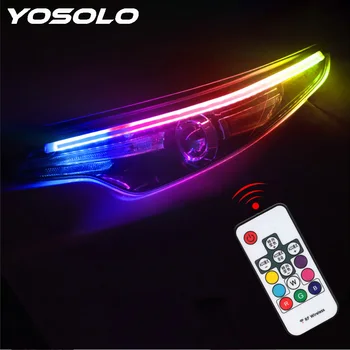 

YOSOLO 2Pcs/set Turn Signal Lights Multicolor LED Strip Flexible Universal Car RGB Daytime Running Light RF Remote Control DRL