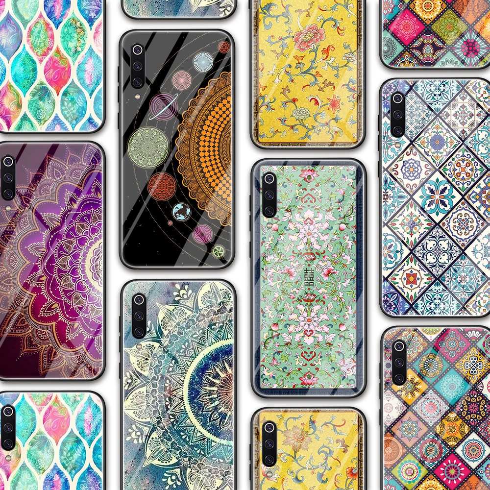 Flower Mandala Glass Case for Redmi Note 9 8 8T 7 9C 8A 9S K30 K30S Poco C3 M2 Case for Xiaomi Mi Note 10 10T 9 Ultra Lite Pro
