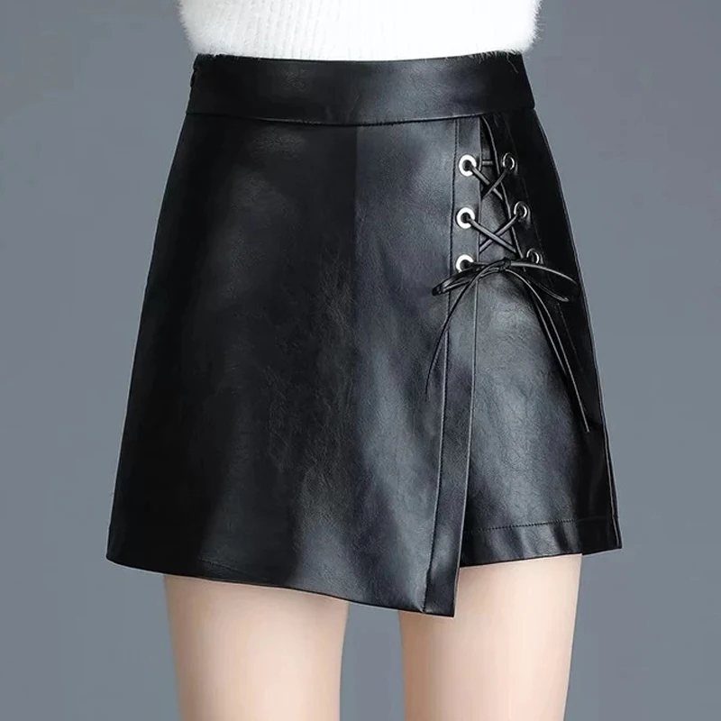 Зима осень модные женские черные шорты из искусственной кожи 3xl 4xl юбка, Корея Весна Осень повседневные женские шорты на шнуровке