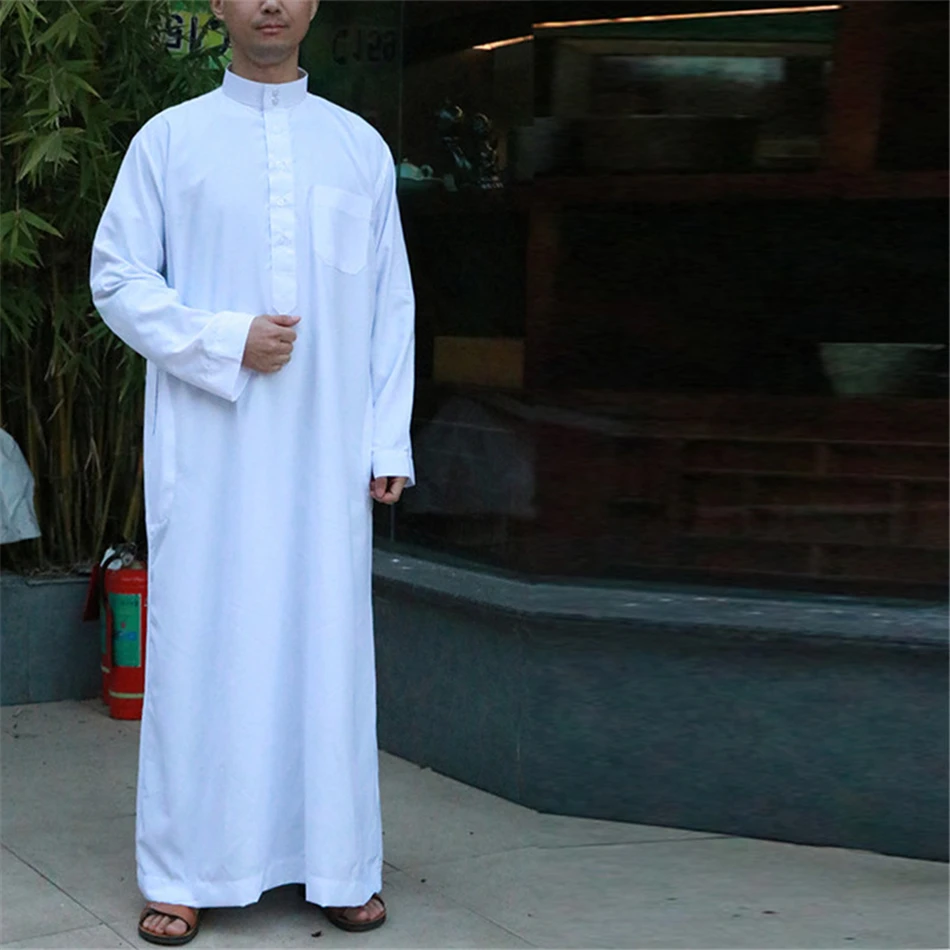 White Long Sleeve Islamic Men Clothing Jubba Thobe Abaya Dubai Saudi