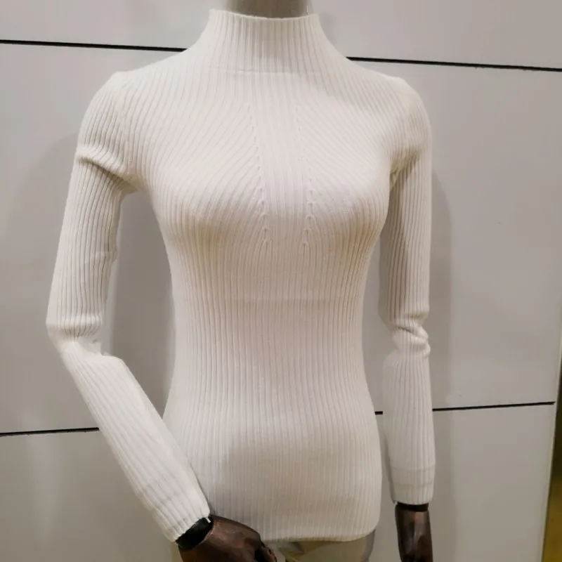 Baratos Otoño mujeres suéteres de punto otoño algodón ajustado Sexy cuello alto auto cultivo inferior invierno nuevo medio cuello alto