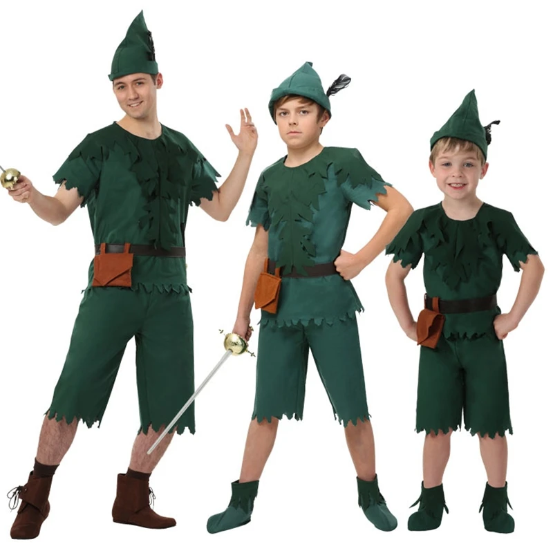 Peter Pan Kids Adult Dress Up Costumes T-shirt with Hat Belt Halloween Cosplay Party Boy for Fancy Carnival Role Play Clothing |
