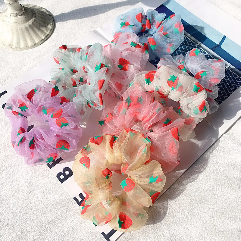 Colorful Strawberry Daisy Print Mesh Hair Band Sweet Girls Embroidery Flower Hair Scrunchies Cute Elastic Hair Rope Head Band