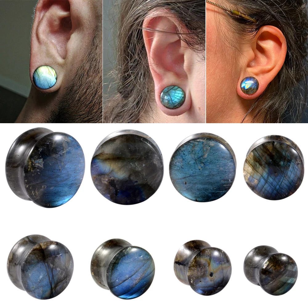 Pair Labradorite Ear Plugs Glow Stone Ear Gauges Ear Expander Ear