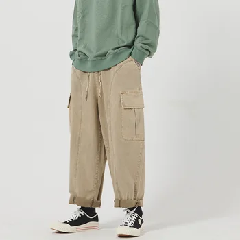 

Men Vintage Washed Japan Streetstyle Casual Loose Cargo Pant Male Hip Hop Straight Wide Leg Pant
