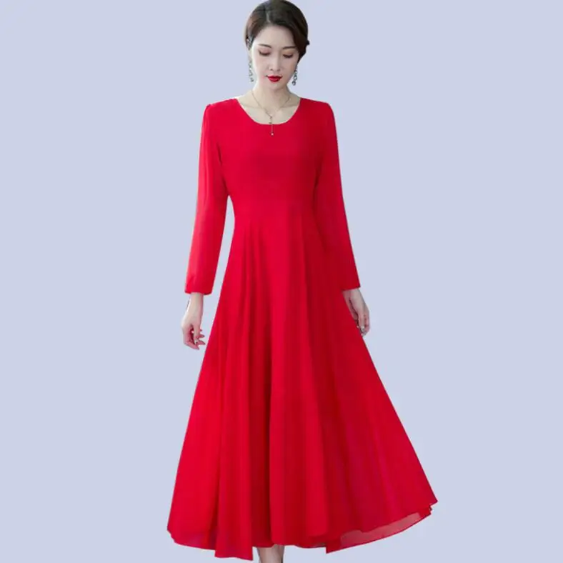 red Long sleeve Большие размеры M-5XL шифоновое платье для женщин Лето Новое Модное Длинное Платье черное с круглым вырезом с коротким рукавом платье для женщин - Цвет: red Long sleeve