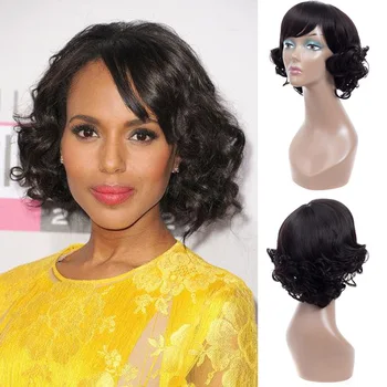 

SHUOHAN 30cm Synthetic Wavy Short Wig With Hair Bangs For Women Black Heat Resistant High Temperature Fiber SX33