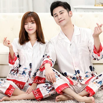 

Couples Pajamas Red Cool Viscose Sexy Korean-style Silk Tracksuit WOMEN'S Suit Spring And Summer Home Wear Comfortable Pajamas