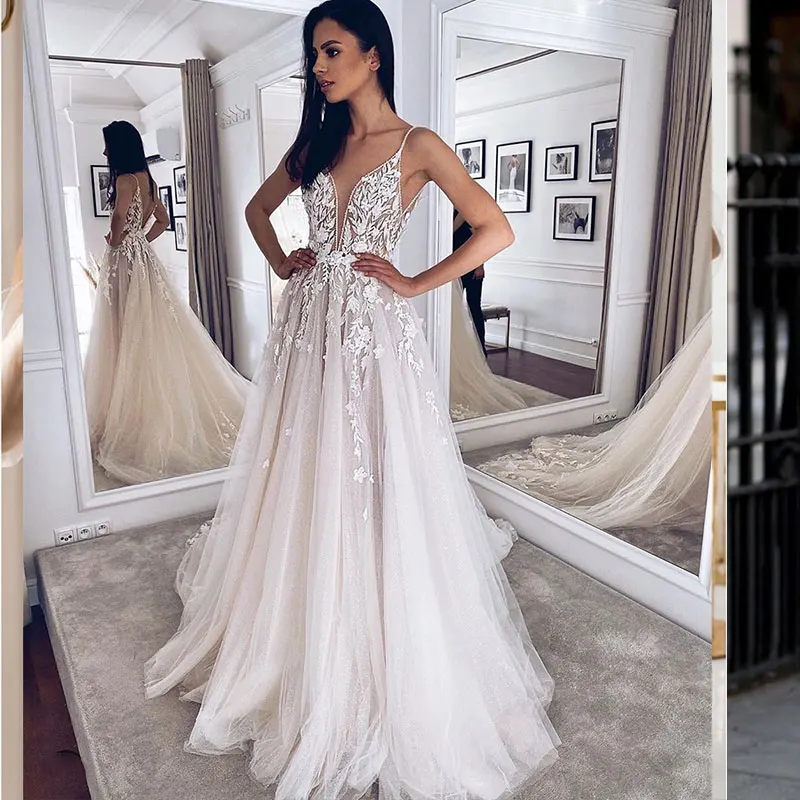 Spaghetti Strap Deep V Neck Wedding Dress 2021 for Bride Lace Appliques Tulle Pleat Gorgeous Bridal Gowns For Women | Свадьбы и