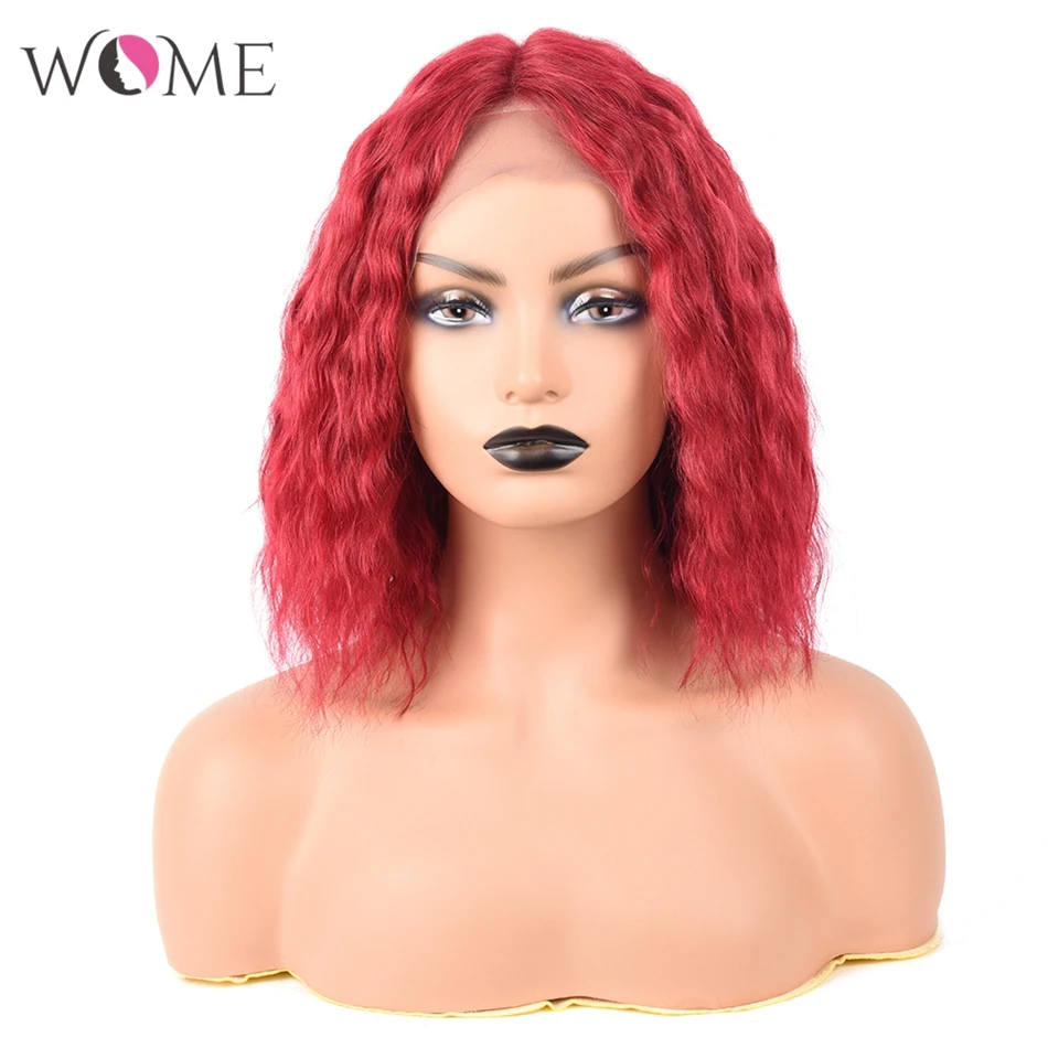WOME Bright Red Color Brazilian Short Bob Wig 12inch Water Wave Lace Part Human Hair Wigs For Black Women Remy | Шиньоны и парики
