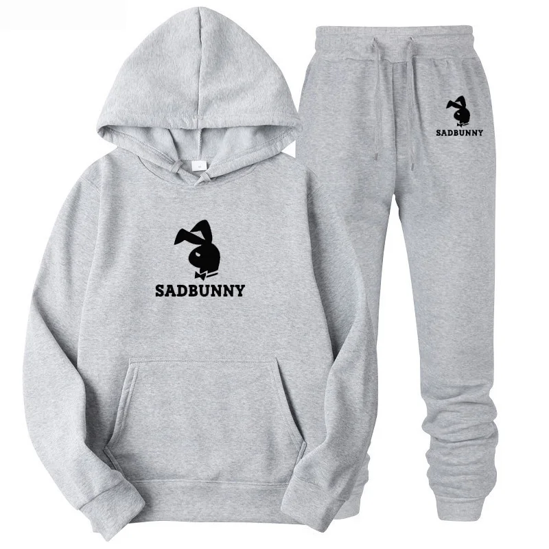 Толстовка Sad Bunny, комплект Billie Eilish Sadbunny, худи и спортивные штаны для женщин и мужчин, повседневный спортивный костюм для бега, флисовая уличная одежда - Цвет: Серый