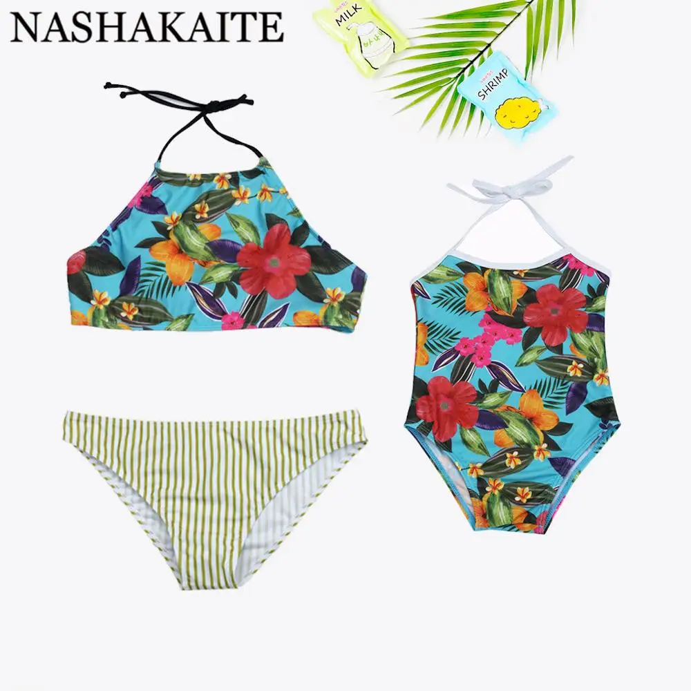 NASHAKAITE купальный костюм для мамы и дочки; коллекция года; Соблазнительный комплект бикини с принтом фламинго и листьев; одежда для купания для женщин и девочек; семейный купальный костюм