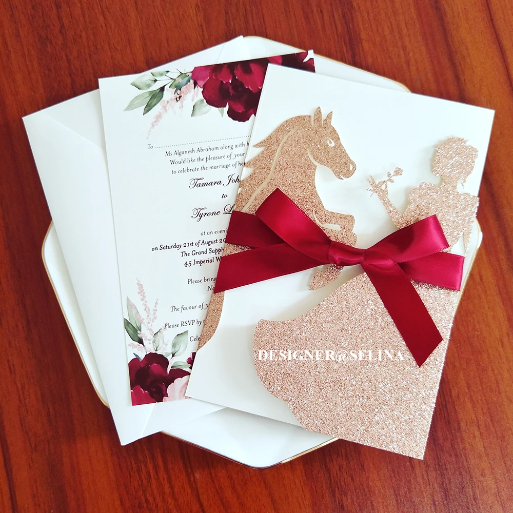 50pc Pink Gold Horse Quinceanera Invitation With Personalized Print And  Ribbon Diy Glittery Greeting Cards For Sweet 16 Party - Cards & Invitations  - AliExpress