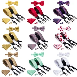 Hi-Tie 45 Color Suspender for Men 100% Silk Bowtie and Suspender Set Luxury Brown Black Vintage Paisley Floral 6 Clips Braces