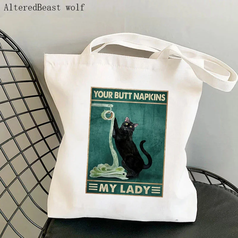 Women Shopper bag Cat Well Cartoon Printed Kawaii Bag Harajuku Shopping Canvas Shopper Bag girl handbag Tote Shoulder Lady Bag