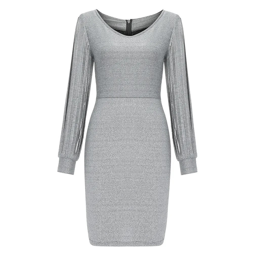 New Fashion Sexy Women V Ncek Solid Sequined Glitter Stitching Shining Club Sheath Long Sleeved Mini Dress For Female