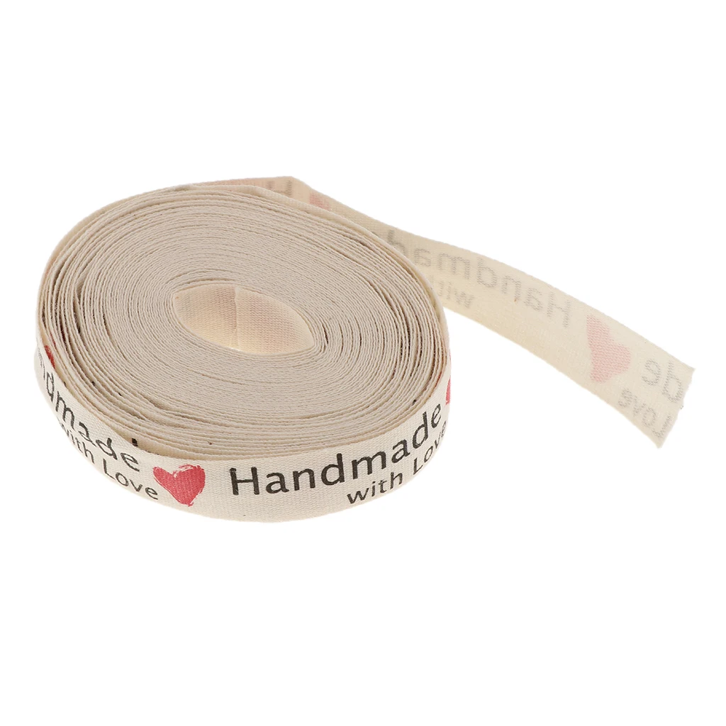 15mm 5 Yards Hand Made with Love Cotton Ribbon Belt Roll Gift Wrap DIY Sewing Accessories