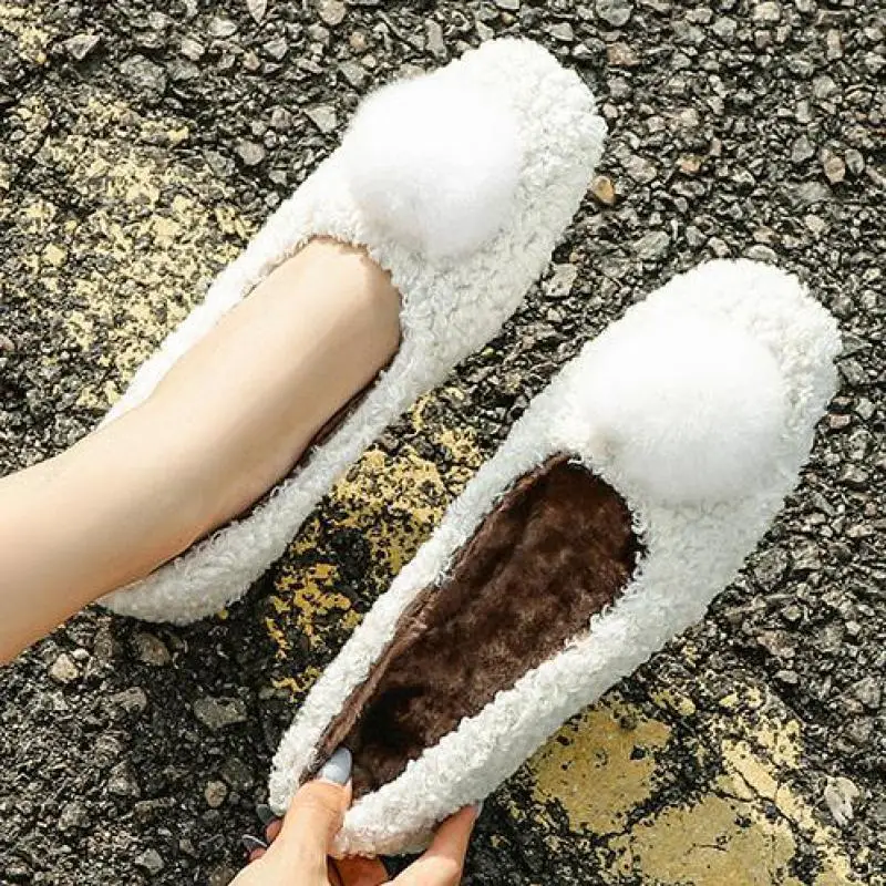 

White Woman Pompom Wool Flats Winter Fur Slip On Women Warm Plush Flat Shoes Comfortable Loafers Moccasins Womens Woolings Boots