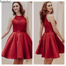 Baijinbai красные платья для выпускного вечера с круглым вырезом, Короткие вечерние коктейльные платья трапециевидной формы без рукавов, длина мини, официальная одежда, кружевной топ