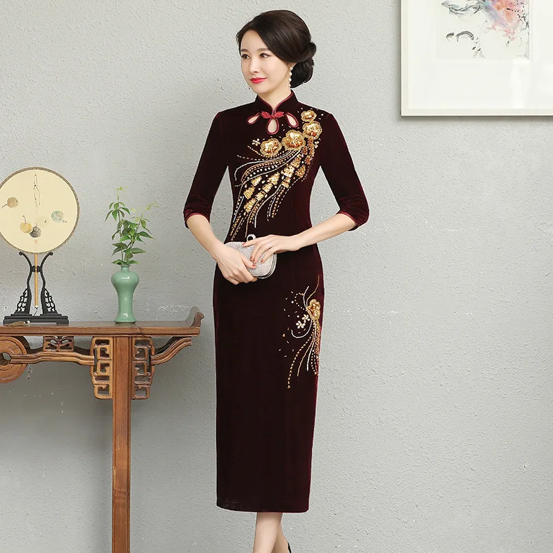 Зимнее Новое велюровое китайское платье женское сексуальное тонкое Qipao Новинка официальное вечернее платье благородное Cheongsam Vestidos с блестками и бисером