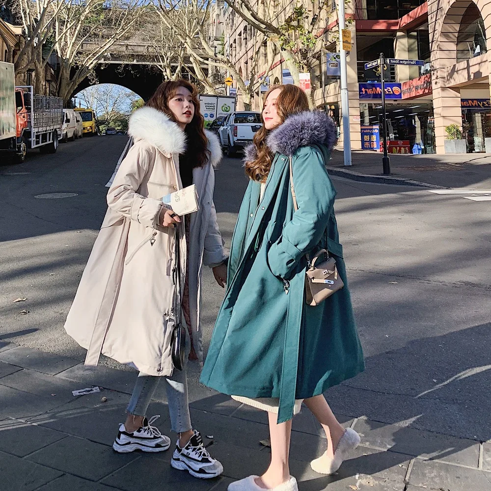 

Photo Shoot Fashionable over-the-Knee Long Cotton Overcoat 2019 Winter New Style Retro Laziness-Style Large Fur Collar Hooded Co