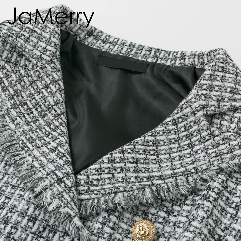 JaMerry винтажная клетчатая рабочая одежда офисная Дамская Куртка Блейзер женские двубортные с пуговицами на ремне пальто длинный рукав износоустойчивый фланелевый Блейзер Пальто
