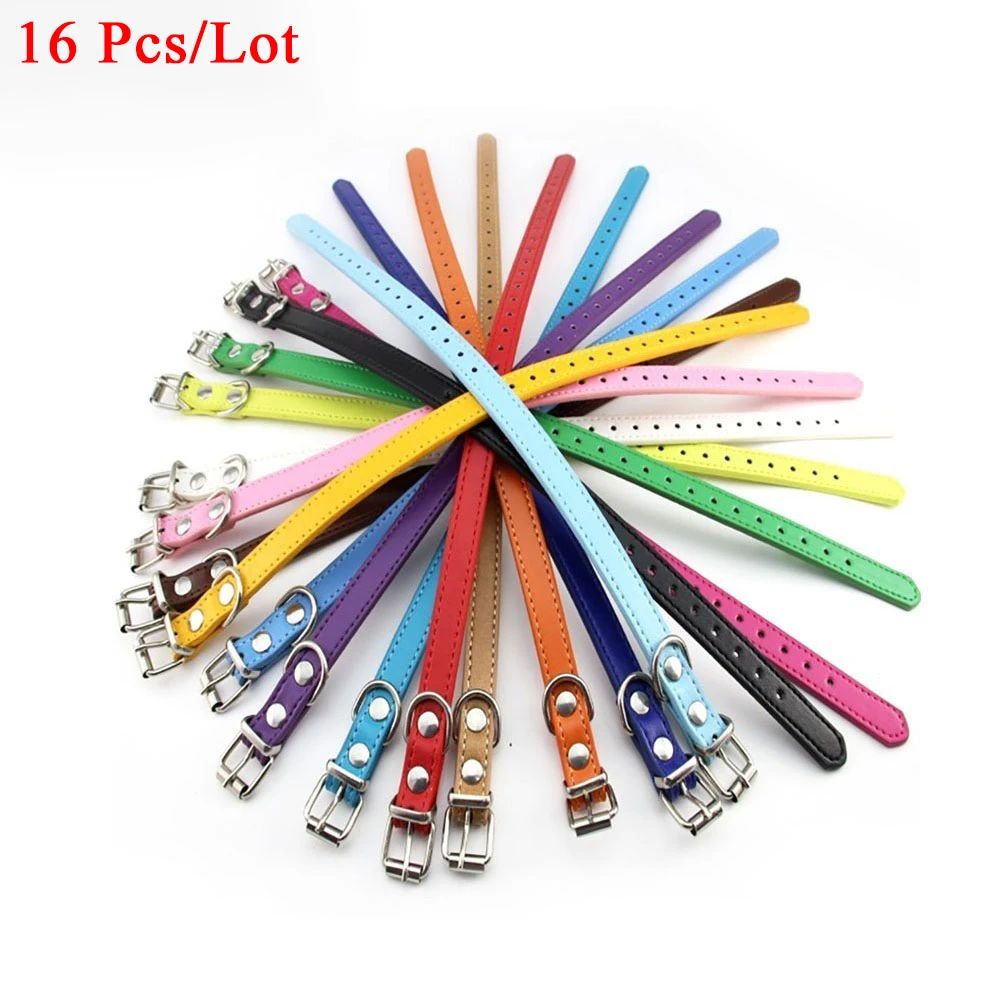 

16 Pcs 16 Different Colors PU Leather Small Dog Collar Adjustable Puppy Neck Strap Pet Collar for Cat Dog Accesories 19cm-32cm