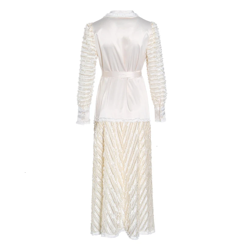 TVVOVVIN Bowknot Patchwork Dress Women Notched Long Sleeve High Waist Lace Up Plus Size Maxi Dresses Female Autumn New L674