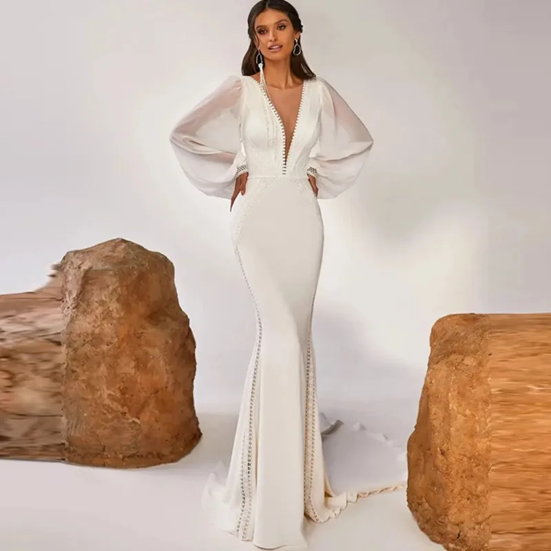 bridal shower dress Elegant Deep V-Neck Mermaid Wedding Dress 2022 Sexy Long Chiffon Sleeves Wedding Gown With Train Backless Vestido De Noiva wedding dress for women