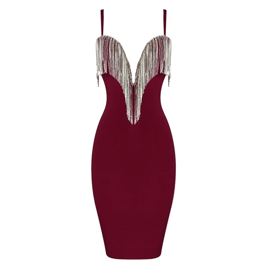 Ailigou2019 осеннее Новое Женское Бандажное мини-платье, вечерние платья знаменитостей, сексуальное облегающее платье с v-образным вырезом, шипованное платье с бахромой Vestidos - Цвет: Wine red