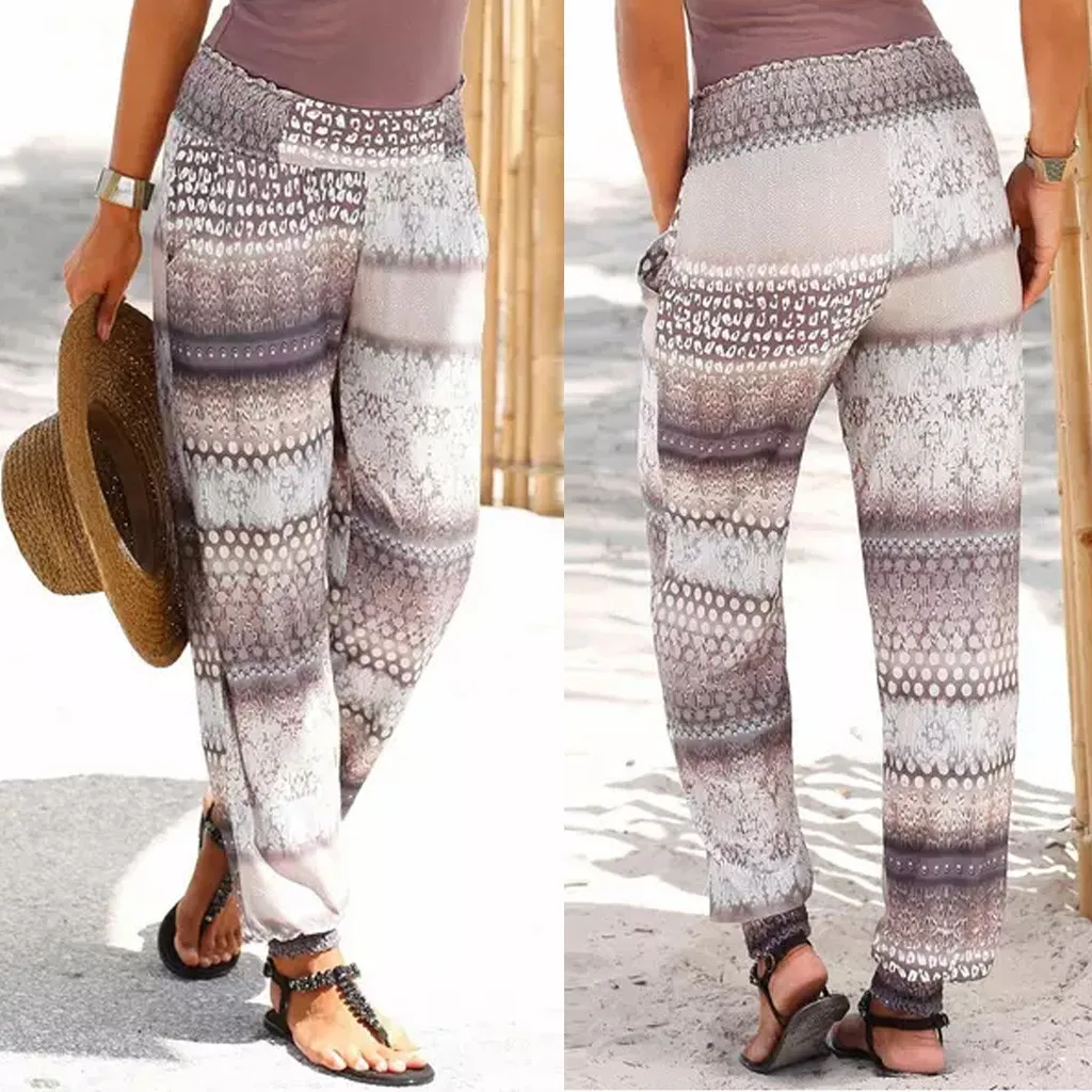 

Summer Women Printing Long Pants Fashion High Waist Printing Easy Trousers Long Pants Bohemia Sandy Beach Pants 2019 hot PF3M