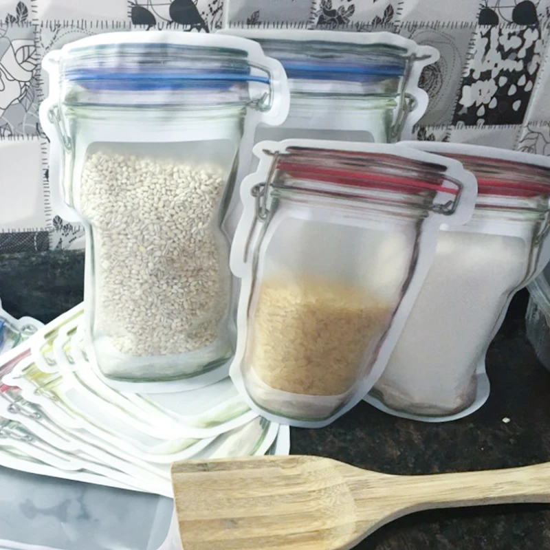 10ps Reusable Mason Jar Bottles Bags Fresh Food Storage Bag Snacks Zipper Pouch