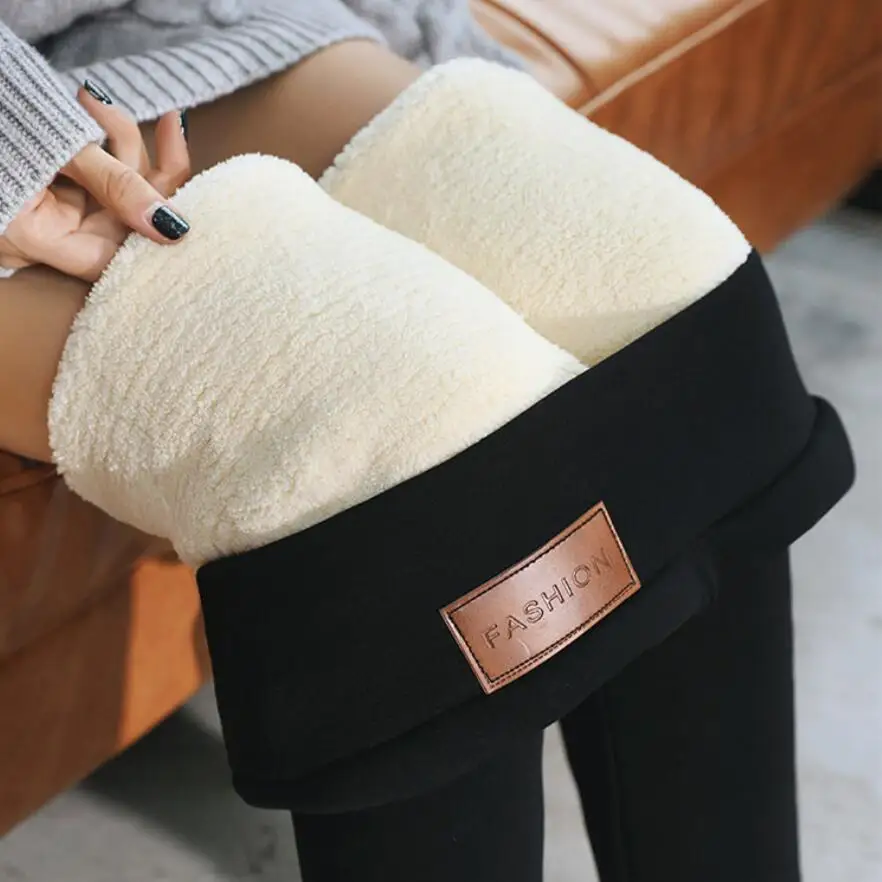 Черные супер теплые брюки зимние обтягивающие толстые бархатные повседневные шерстяные флисовые брюки из овечьей кожи кашемировые брюки для женщин леггинсы - Цвет: black