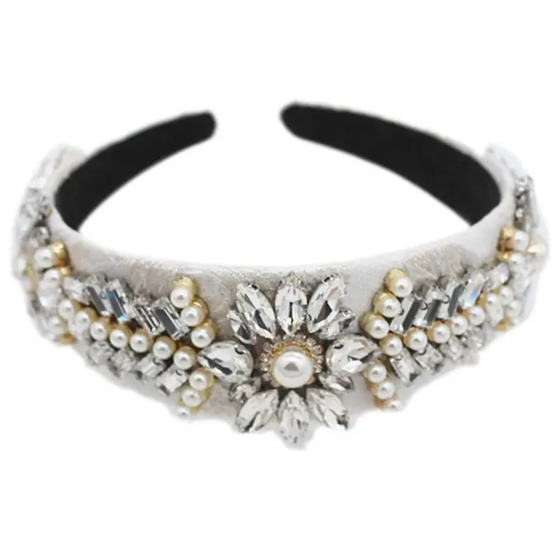 Baroque Retro Faux Leather Headband Women Bridal Full Rhinestone Flower Leaves Jewelry Hair Hoop Dance Party Banquet Headpiece - Цвет: 3