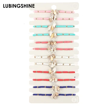 

12pcs/set Beach Conch Fashion Jewelry Bracelet Pink White Blue Soft Clay Beaded Bracelets For Women Woven Rope Bracelet Gift